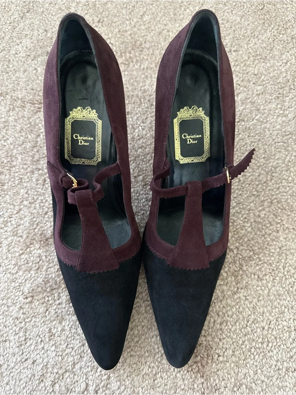 Vintage Dior Burgundy and Black Suede T-Strap Mary Jane Pumps Pointed Toe